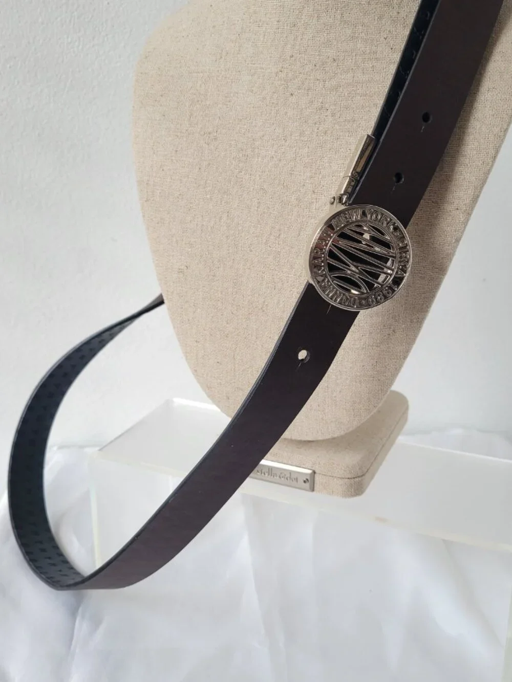 DKNY Black Logo w/Smooth B Silver Logo Buckle Belt (Size: S/M)